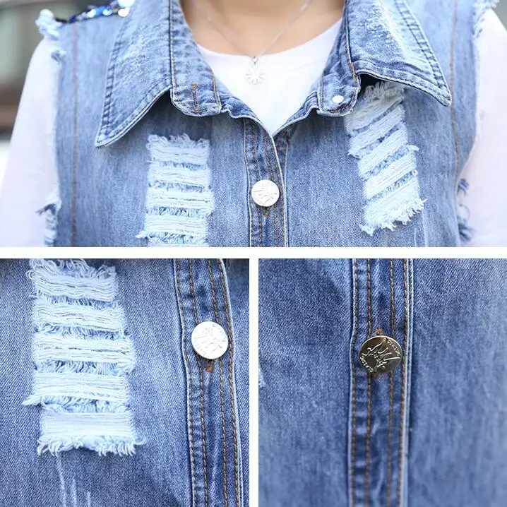 

Rlyaeiz Spring Mid-long Denim Women's Vest 2019 Summer Fashion Sequins Pockets Waistcoat Denim Vest Sleeveless Jeans Jackets