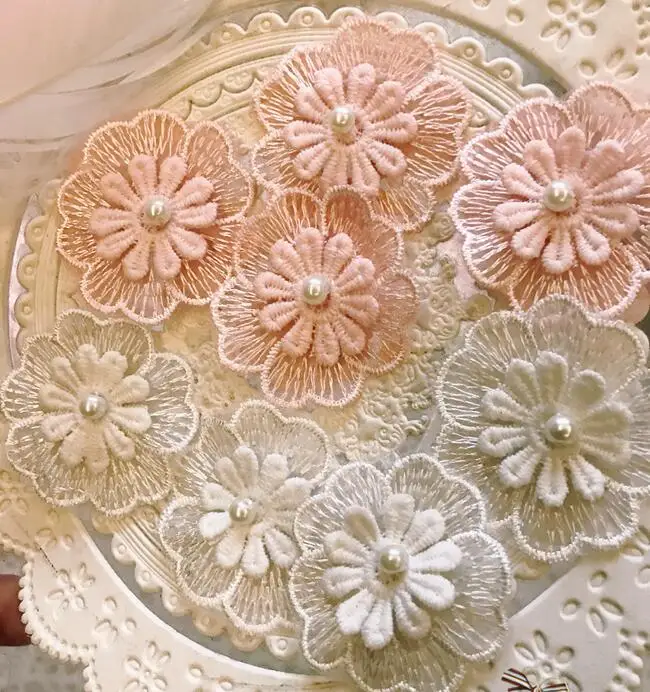 20pcs/lot 4.5cm 1.77&quot width ivory/pink beads flower embroidery lace appliques patch D21Z286X0406T | Дом и сад