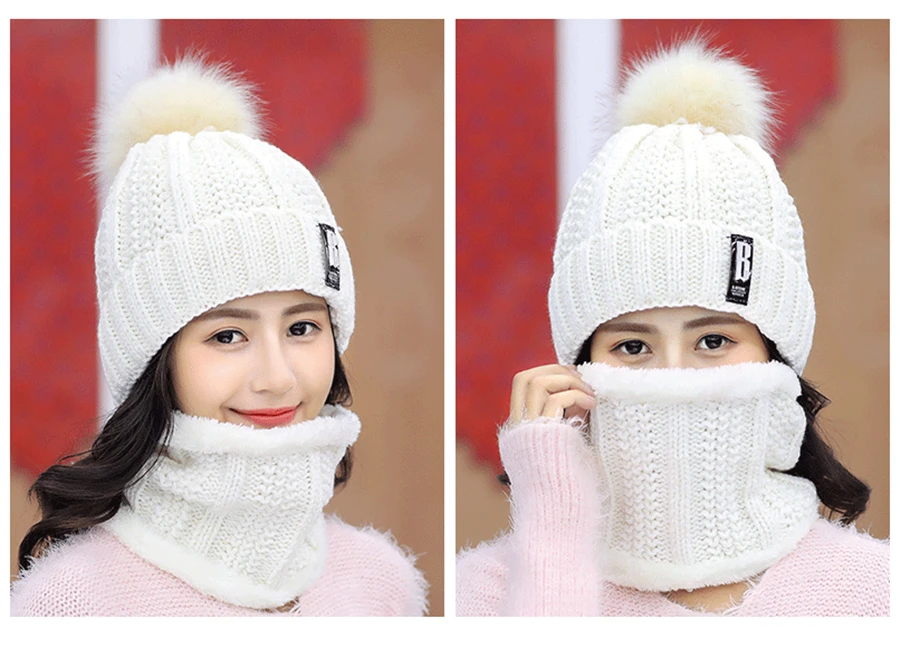 New Brand Winter knit Beanies Hat Women Thick Warm Beanie Skullies Hat Female Letters Bonnet Beanie Caps Outdoor Riding Sets Bib