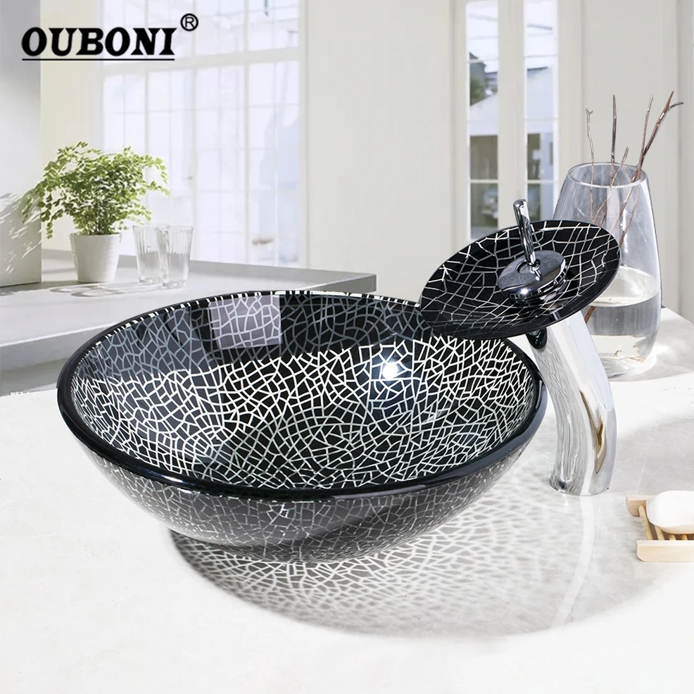 

OUBONI Black Cracked Round Bathroom Handmade Article Washbasin Tempered Glass Vessel Sink With Waterfall Chrome Brass Faucet Set