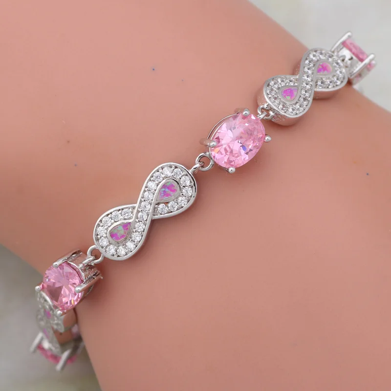 

New Vintage Jewelry Pink Fire Opal Silver Color Overlay Pink Crystal Bracelets For Womens 185mm 7.28 Inch B144