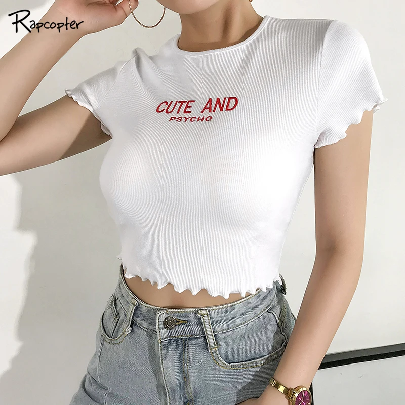 Rapcopter Femme с вышитыми буквами летние шорты футболка с круглым вырезом для девочек; доступно в белом и узкие Повседневное короткий рукав Топ Футболка Популярные Tshirt2019