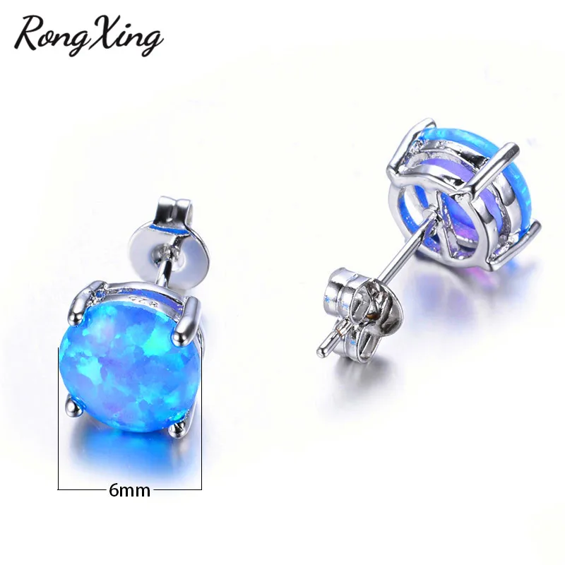 RongXing, 6 мм, круглые белые/синие/фиолетовые серьги-гвоздики с огненным опалом для женщин, 925 пробы, серебряные ювелирные изделия, милые серьги Ear0783