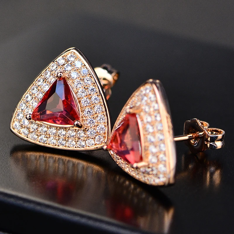 Shipei Sterling Silver Ruby Triangle Jewelry Set Rose Gold Stud Earrings Pendant Necklace Ring For Women Fine Jewelry