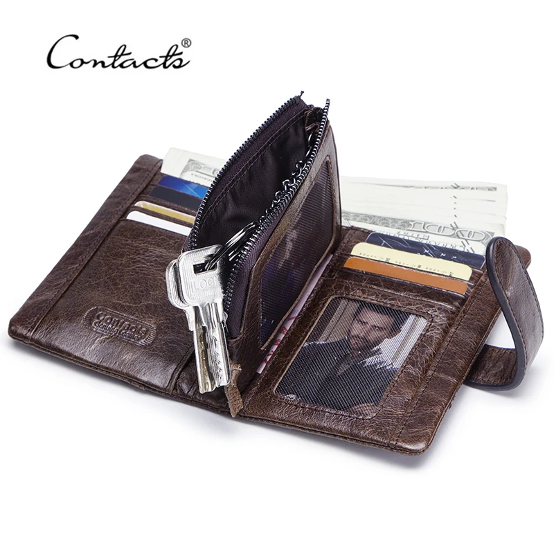 CONTACT'S Высококачественный мужской кошелек из натуральной кожи, в винтажном стиле, с держателем из цепи отделениями фото держатель короткие кошельки