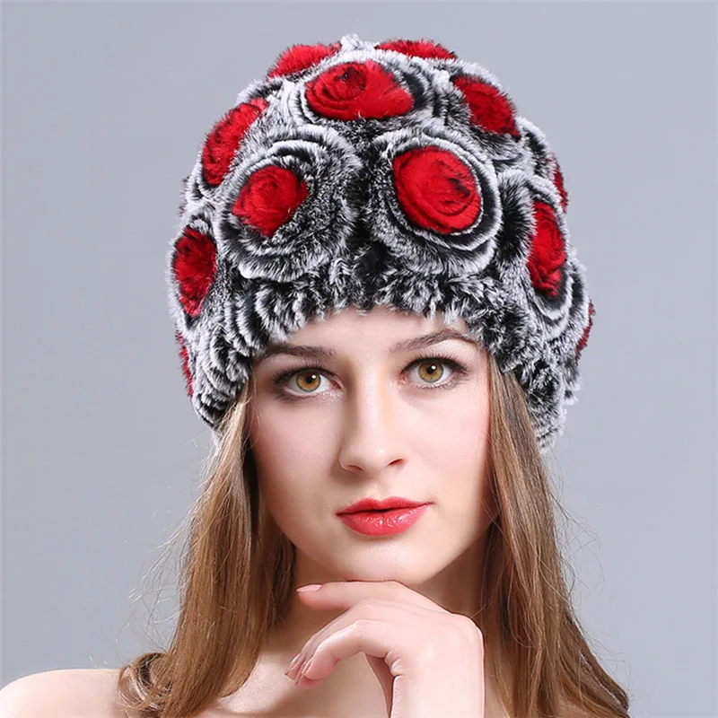 Женские зимние шапки, серые, красные, серые, серые, 3 цвета, повседневные, с цветочным узором, ветрозащитные, теплые, с мехом кролика Рекс, травяная шляпа лыжные нагрудники