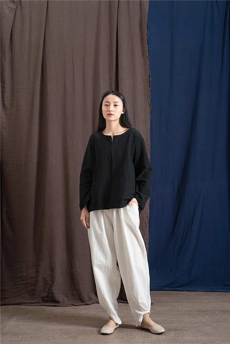 SCUWLINEN, женские штаны, винтажные, одноцветные, с эластичной талией, подходят ко всему, льняные штаны, повседневные, свободные, шаровары, штаны для женщин P083