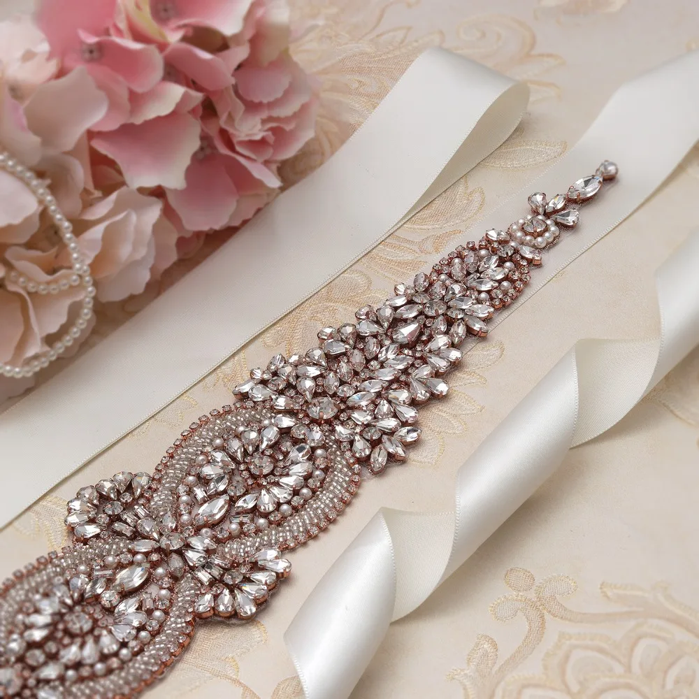 yanstar Rose Gold Rhinestones Bridal Belt Diamond Beads Wedding Big Size Crystal Sash For Long Dresses XY877 | Свадьбы и торжества