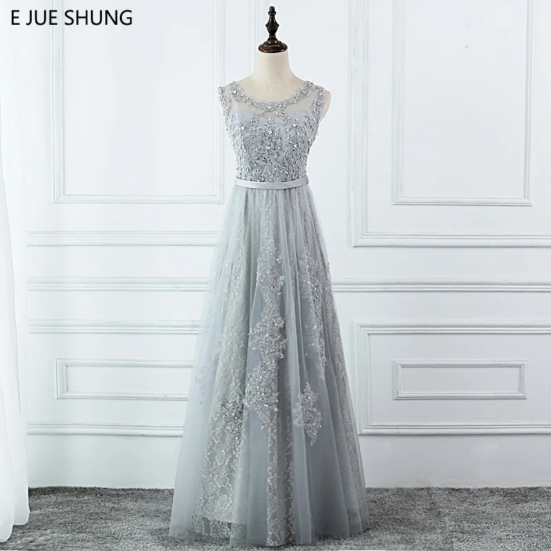 

E JUE SHUNG Silver Lace Beaded Long Evening Dresses 2018 Sheer Back Cheap Long Prom Dresses Formal Dresses Party Dresses