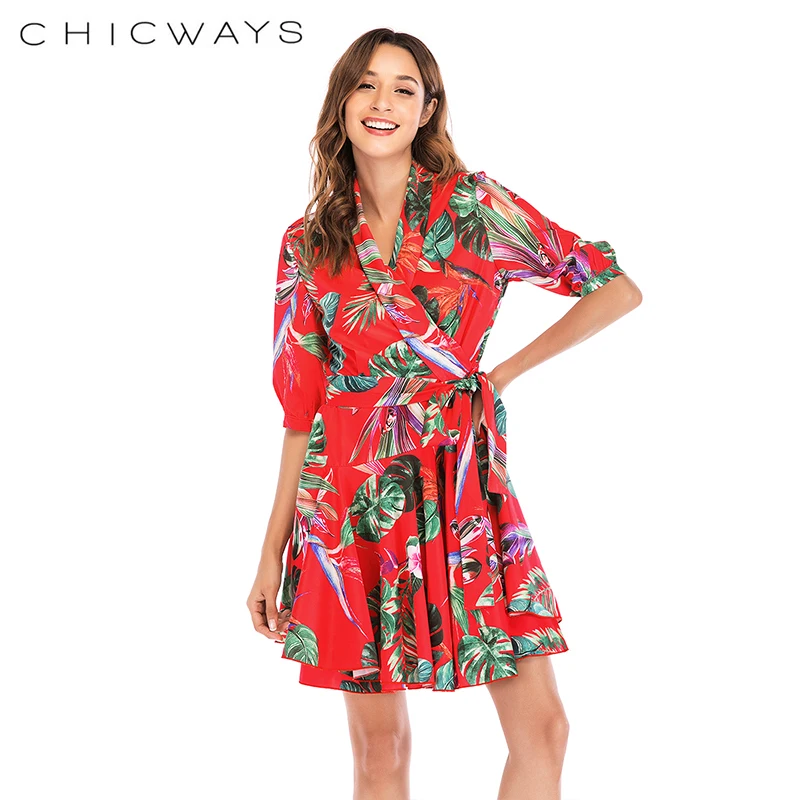 Chicways тропические Плам лист печати элегантное платье для женщин Сексуальная V шеи