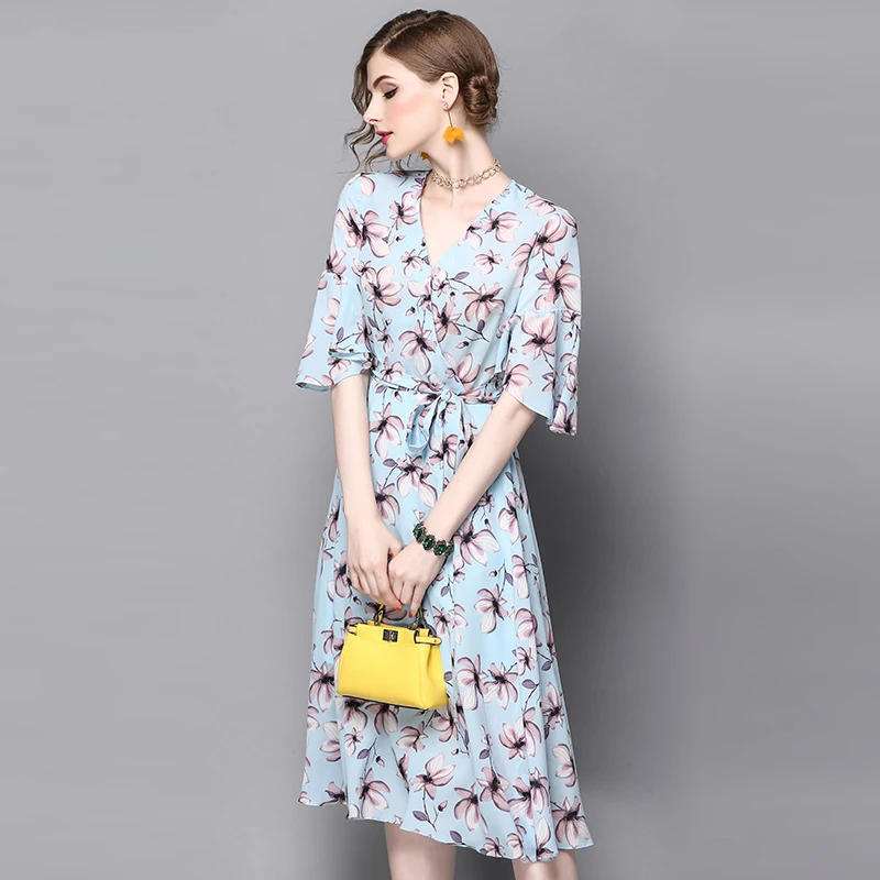 Платье 2017 Лето Новый v-образным вырезом печать с широкими рукавами роковой ете