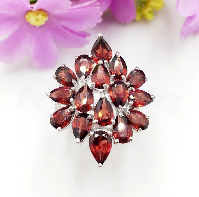 Натуральное настоящее кольцо в цветочном стиле гранат 0.4ct * 16 шт драгоценные