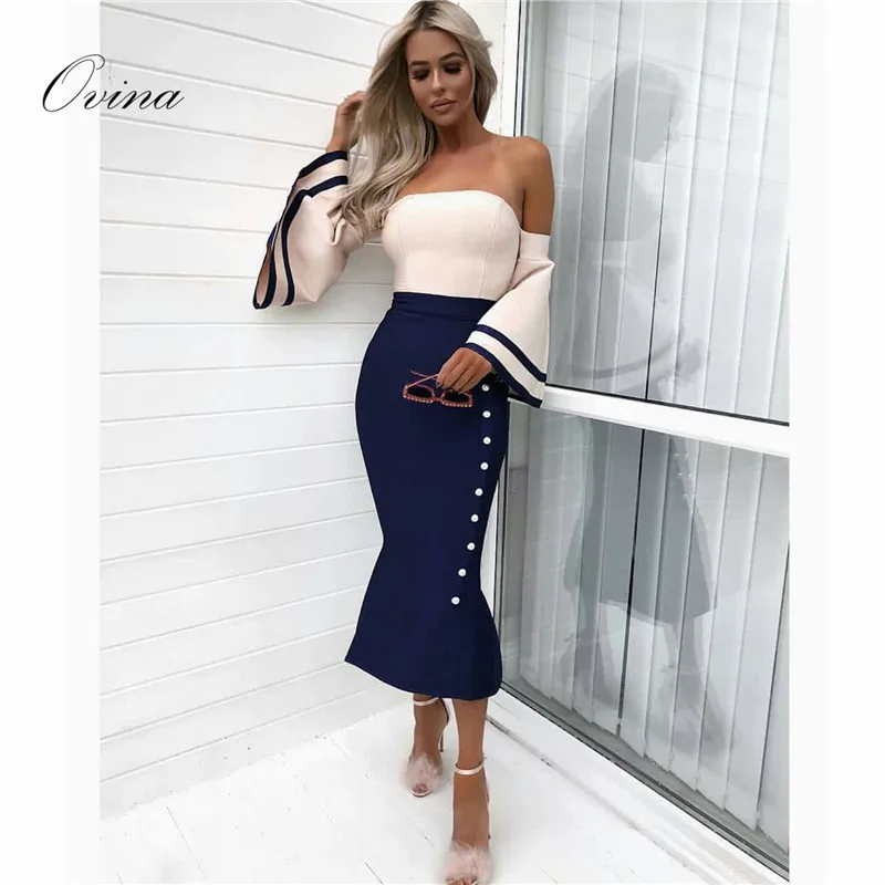 

Fashion Women Dresses Off The Shoulder Sleeveless Mid Calf Patchwork Bodycon Bandage Dress