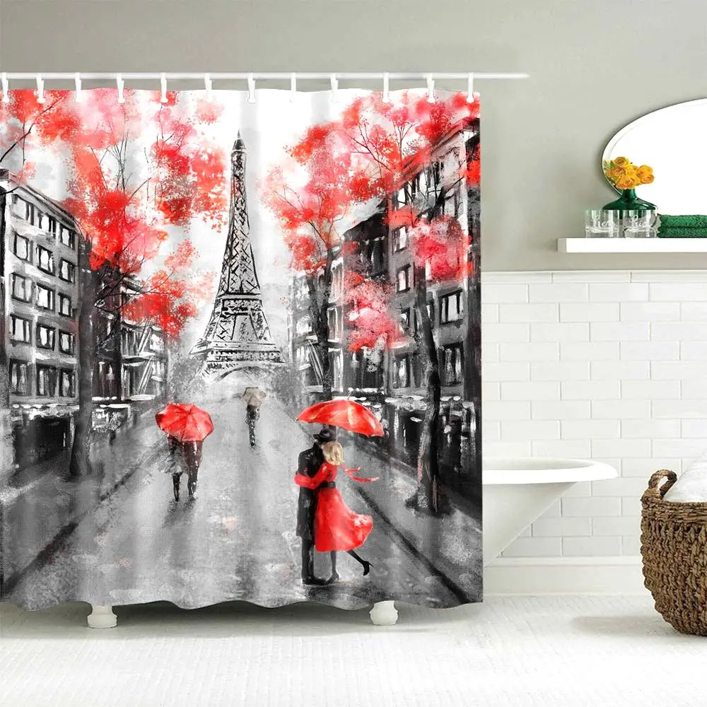 

Dafield Paris Tower Flower Bathroom Shower Curtain 180X180 Water Repellent Fabric Washable Luxury With Hooks