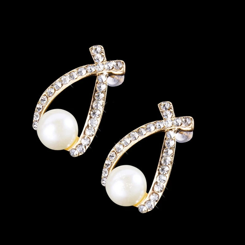FUNIQUE 2018 Simulate Pearl Rhinestone Stud Earrings For Women New Cross Crystal Earings Party Wedding Jewelry Gift Brinco | Украшения и