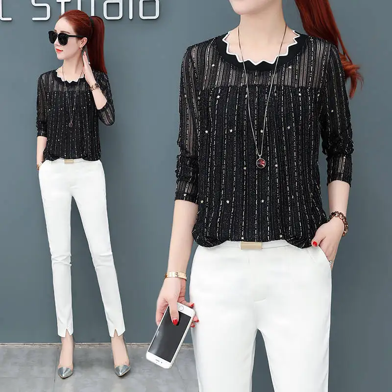 2018 EvelingAsky Korean Chiffon Blouse Striped prints Office Women Shirt Tops Spring Autumn The New Casual |
