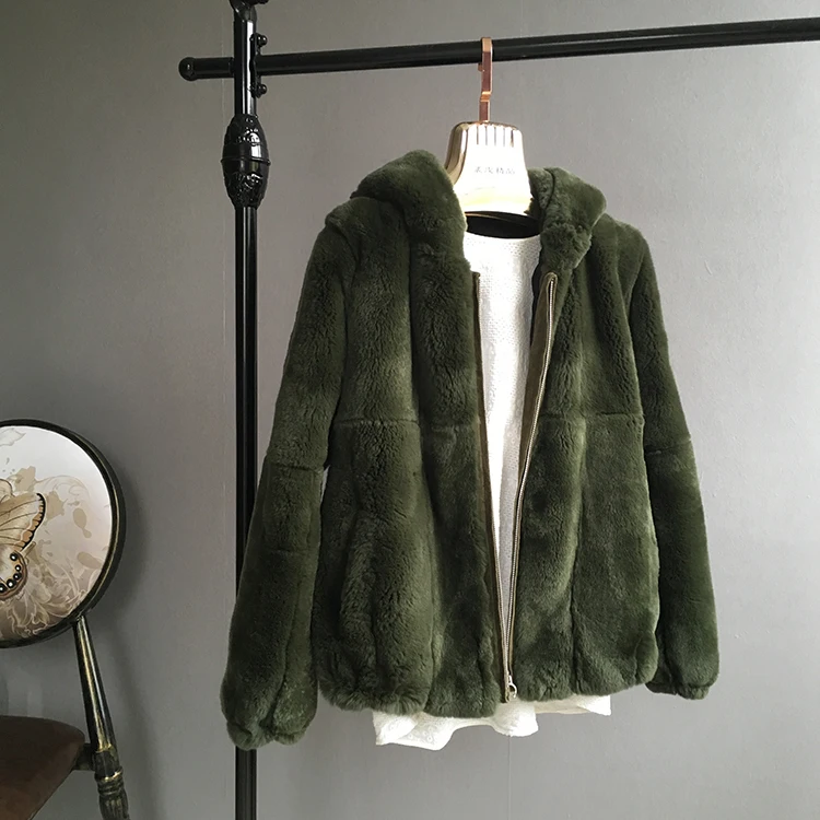 

Natural rex rabbit fur coats outerwear women hooded thick warm whole skin real fur jackets 2019 new autumn winter