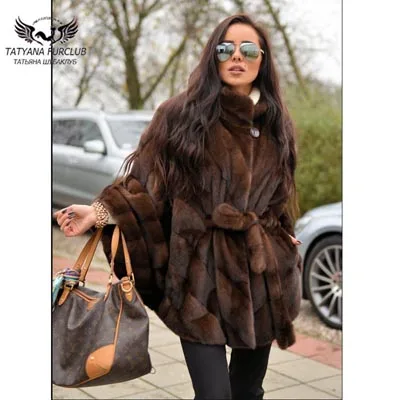 Coffee Tatyana Furclub, норковая шуба, тип летучей мыши, настоящая норковая шуба для женщин, кофе, тонкая норковая шуба, натуральная кожа, зимний теплый мех - Цвет: Coffee