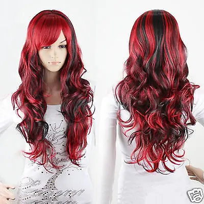 heat resistant Party cosplays hair TJ&gt&gt&gt&gtNew Cosplay Black Mix Red Wig Long Wavy Hair Women |