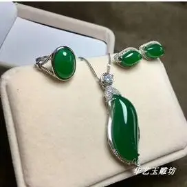 

Natural agate chalcedony crystal green three piece set pendant Ring Earrings 925 Silver Ladies