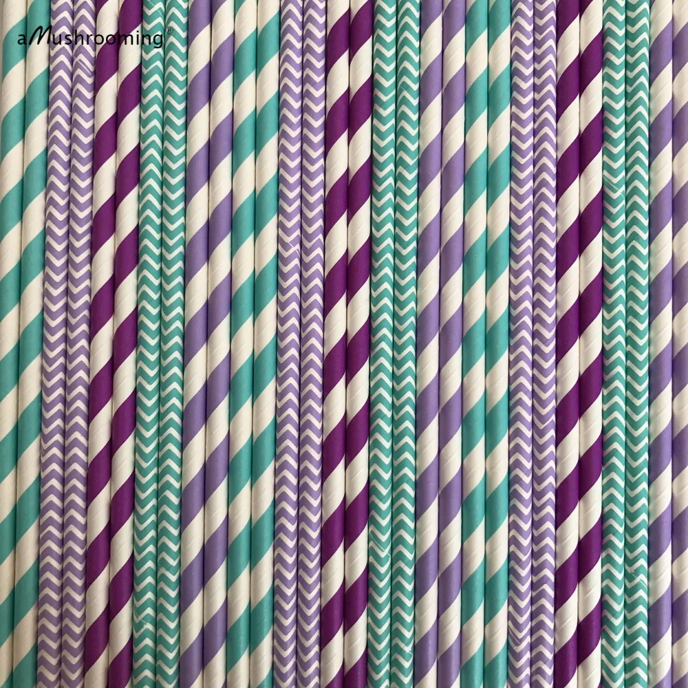 Aqua и светло фиолетовый в полоску шеврон Бумага соломинки мята Лаванда сиреневый
