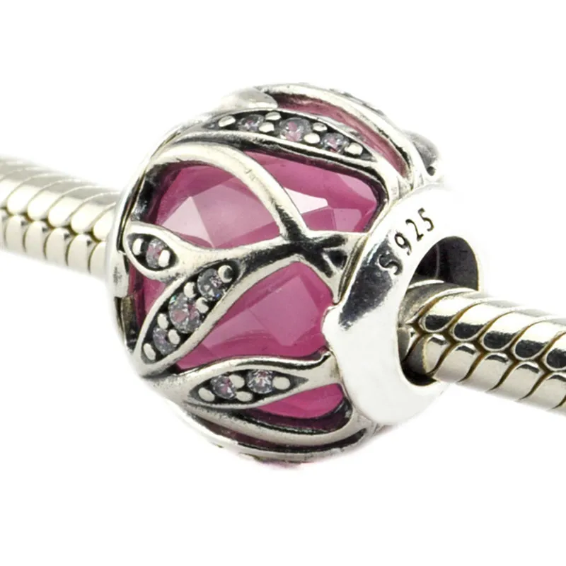 925 Sterling Silver Pink Zirconia Nature's Radiance Charms Beads With Brand Logo Fits Pandora Bracelets Jewelry Making | Украшения и