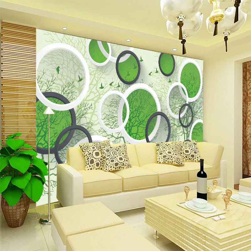 

Customized large mural wallpaper living room TV sofa video wall paper simple green eye-protecting fresh trees 3d solid circle