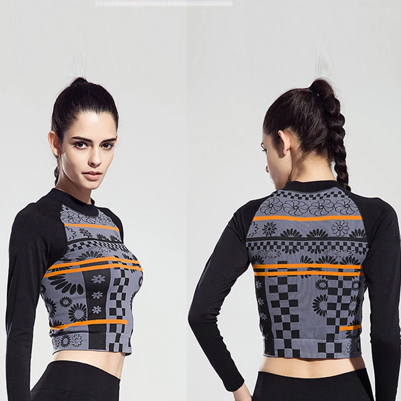 Стенд воротник с Flore Для женщин Йога рубашка длинными рукавами пикантные Фитнес