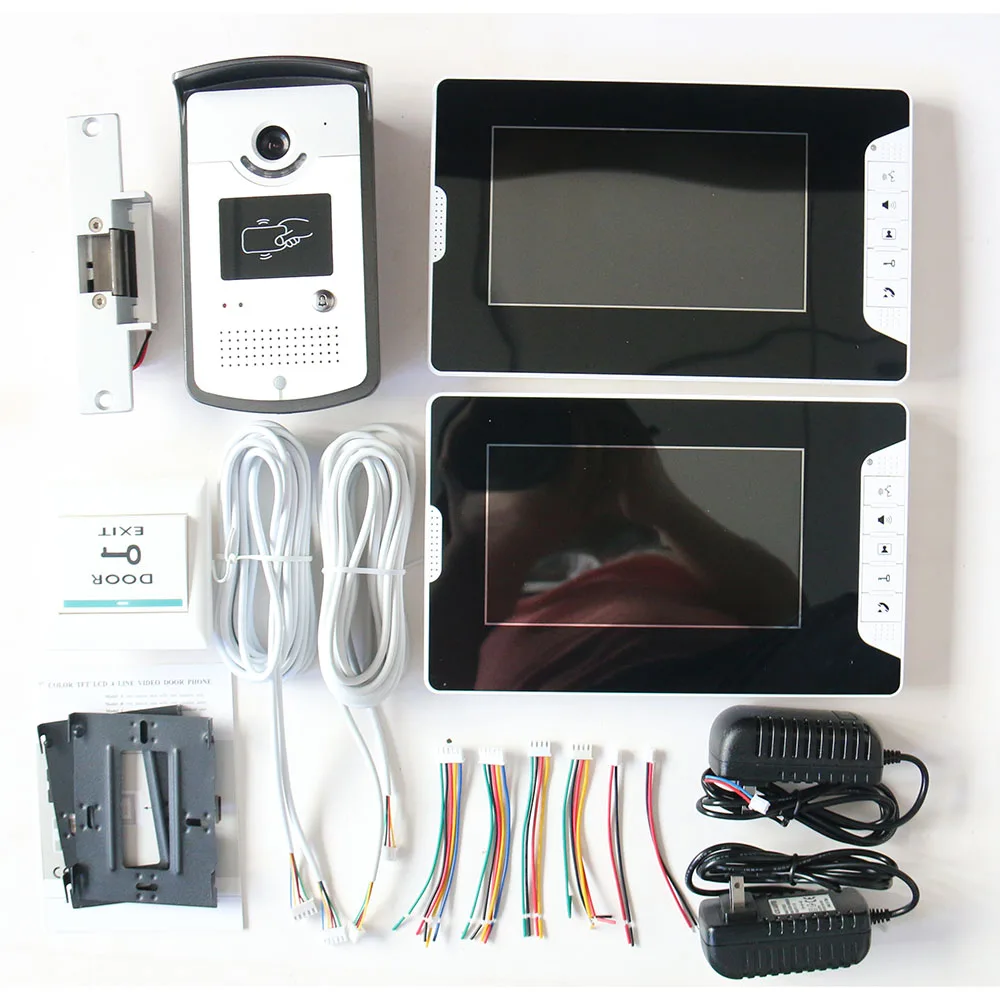 7&quot Color Video Door Phone Intercom System With 2 Monitor 1 RFID HD Doorbell 1000TVL Camera + Electric Strike Lock | Безопасность и