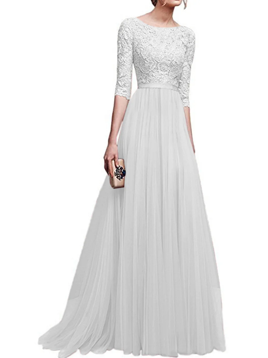 2020 Autumn Long Maxi Formal Lace Party Dress Women Elegant Plus Size Slash-Neck Half-Sleeve Bridesmaid Prom Lady Dresses | Женская