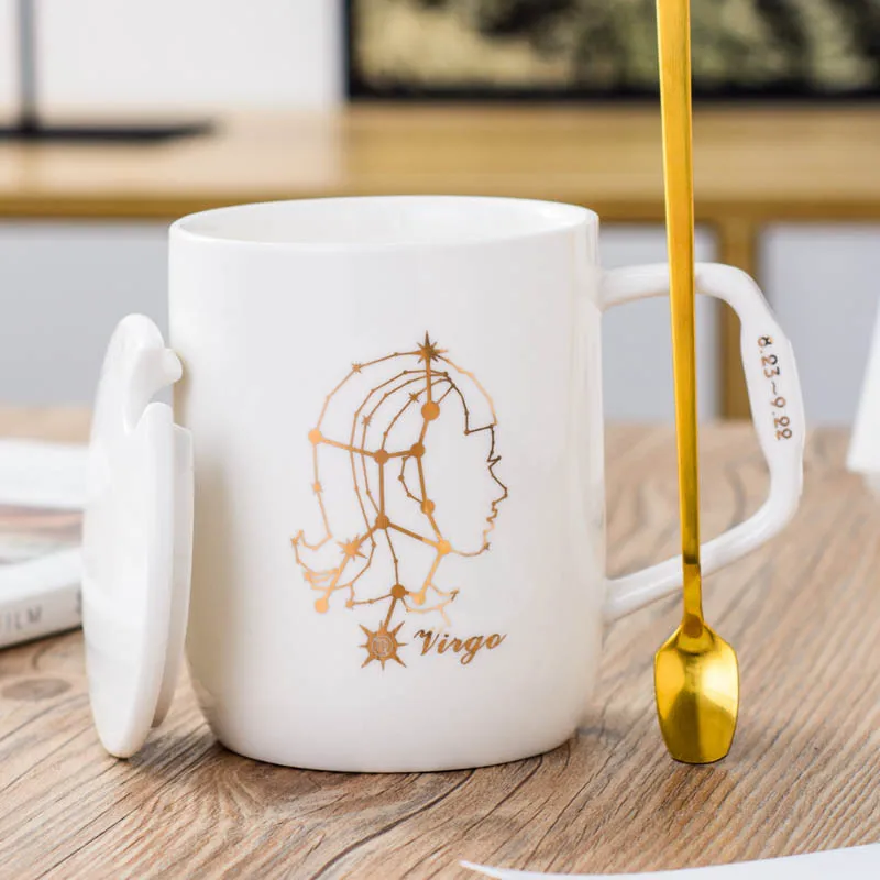 Virgo (white) 12 созвездие керамическая кружка с покрытой ложкой креативная черная и белая Пара кофейная чашка ins чашка для воды - Цвет: Virgo (white)
