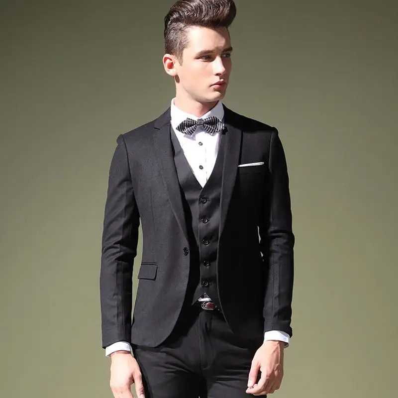 Wholesale Custom made Fashion groom tuxedos One Button wedding suits Classic Black groom suits ( jacket+Pants+vest+tie)