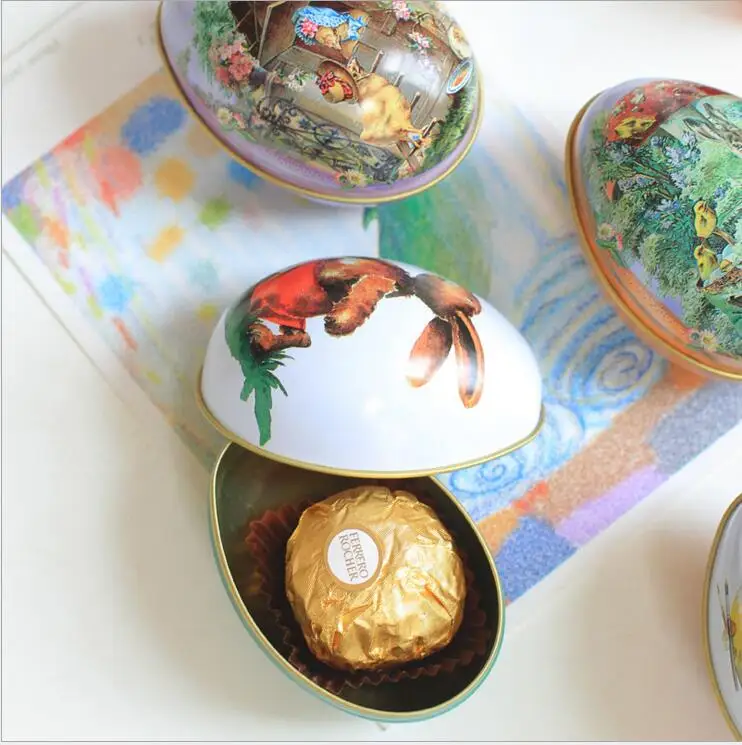 6PCS/LOT Small Easter holiday Box Egg Shape Storage Can Chocolate Collect box Rabbit Printing tin gift case Pill | Дом и сад