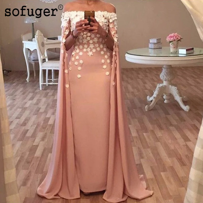 

Peach Evening Dresses White Flowers Chiffon Boat Neck Saudi Arabic Muslim Special Occasion Robe De Soiree Vestidos De Fiesta