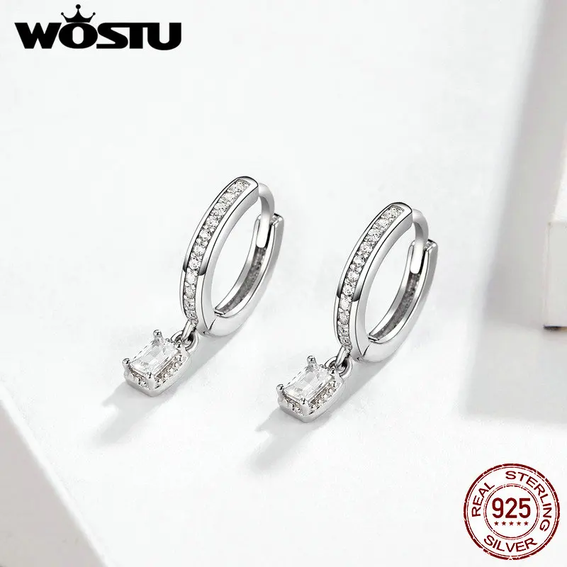 WOSTU Настоящее 925 пробы серебряные серьги для женщин прозрачные квадратные циркониевые серьги подарок на свадьбу DAE157