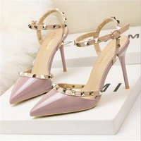 2019 summer classic shallow rivet womens sandals ankle buckle high heels shoes fashion women pumps party sandals patent leather