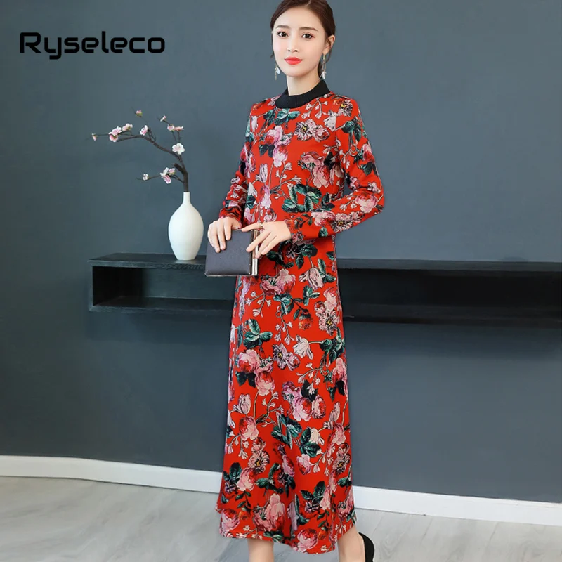 Women Vintage Turtleneck Floral Prints Long Sleeve Casual Basic Plus size Dress Loose Winter Fleece Inner Oversize Dresses | Женская