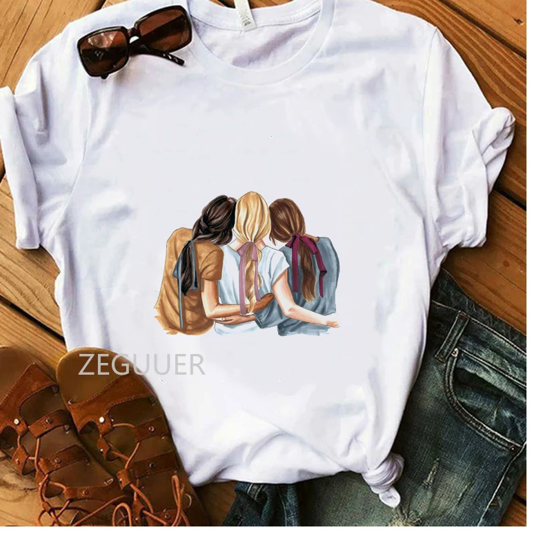 

Футболка для лучших друзей, футболка с рисунком трех девушек, летняя женская футболка для друзей, белая футболка из 100% хлопка, мягкая женска...