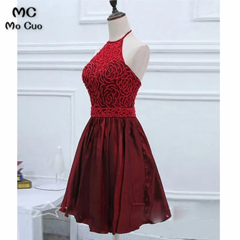 2018 Halter Burgundy Short Graduation Homecoming Dresses with Beaded Zipper Back Cocktail Party Dress for Women | Свадьбы и