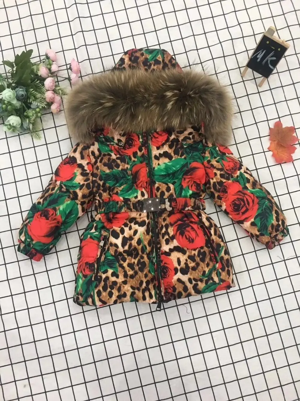 Real fur Winter Jacket child jackets children jumpsuit snow suit girl flower down romper ski suits outerwear