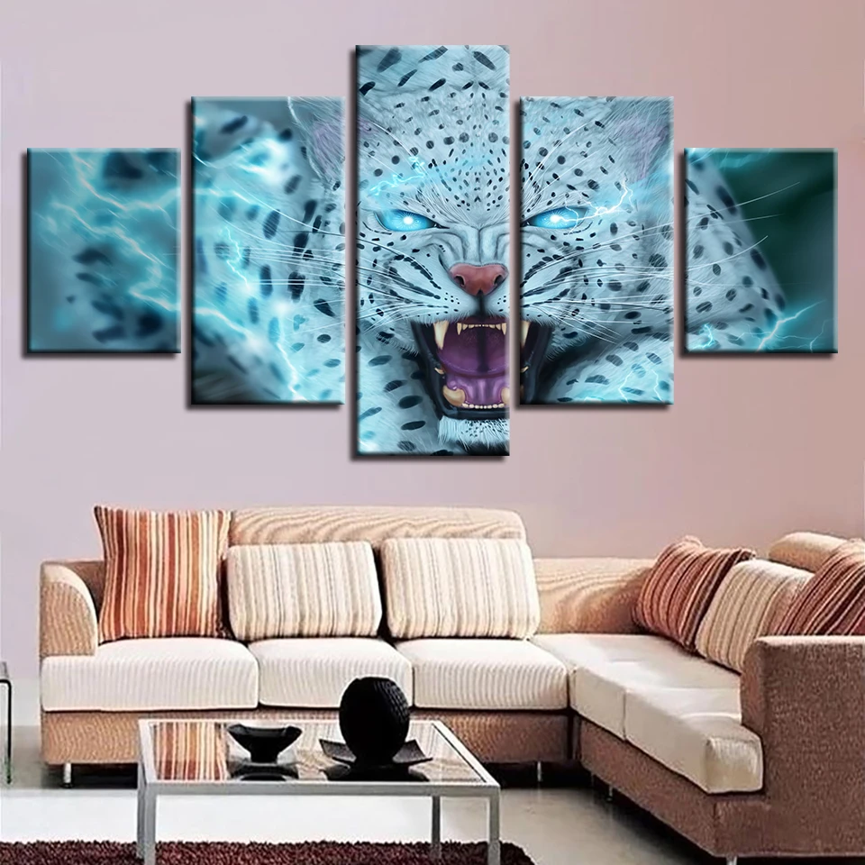 

Canvas Decor Frame Modular Artwork Paintings 5 Pieces Animal Leopard Tiger Blue Eyes Pictures Wall Art HD Prints Abstract Poster