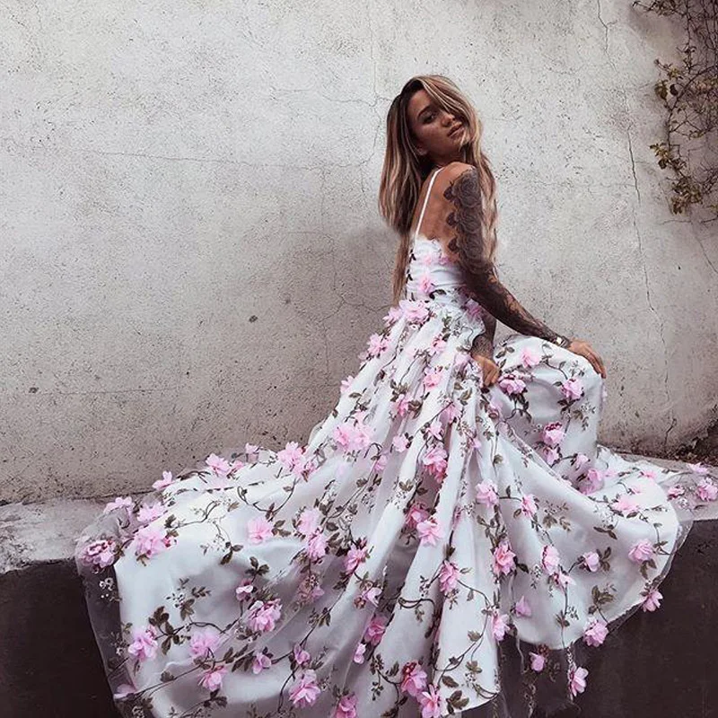 Свадебное платье Бохо с цветами 2020 A Line Спагетти ремень пляжное Цветочные