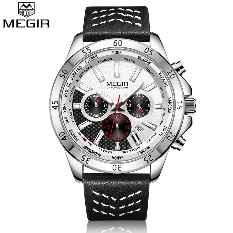 Silver White MEGIR Лидирующий бренд, мужские Модные Аналоговые кварцевые часы с календарем, мужские роскошные деловые наручные часы, многофункциональные часы с хронографом - Цвет: Silver White