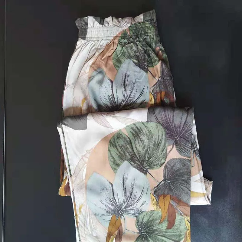 2019 Women's Short-sleeved Palm Leaf Printing Cropped Trousers Pajamas Set Leaves Lapel Casual plus Size Loose Thin Sleepwear