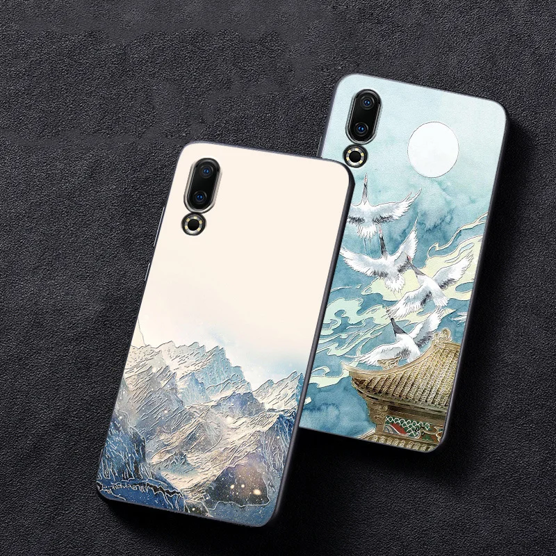 Тиснением Винтаж Восточной Азии китайский японский стиль чехол для Meizu 16 S Снежная гора декрет Кран Крышка