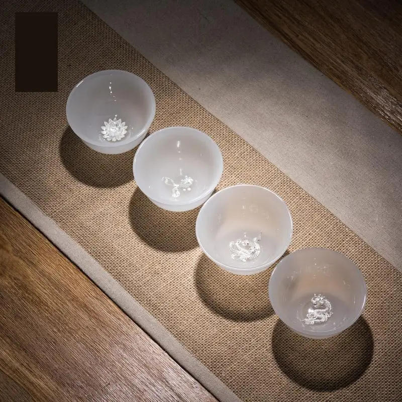 Белый фарфоровый нефритовый инкрустированный Стерлинговое Серебро чашки рыба