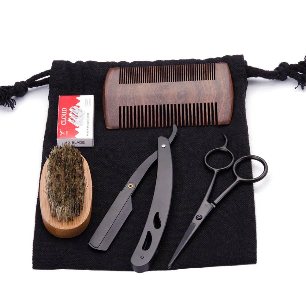 Razor Set For Men Black Shaving Scissor Barber Bamboo Boars Beard Brush Kit+Wood Comb Hair+20pcs Blades Shaving+Bag | Красота и