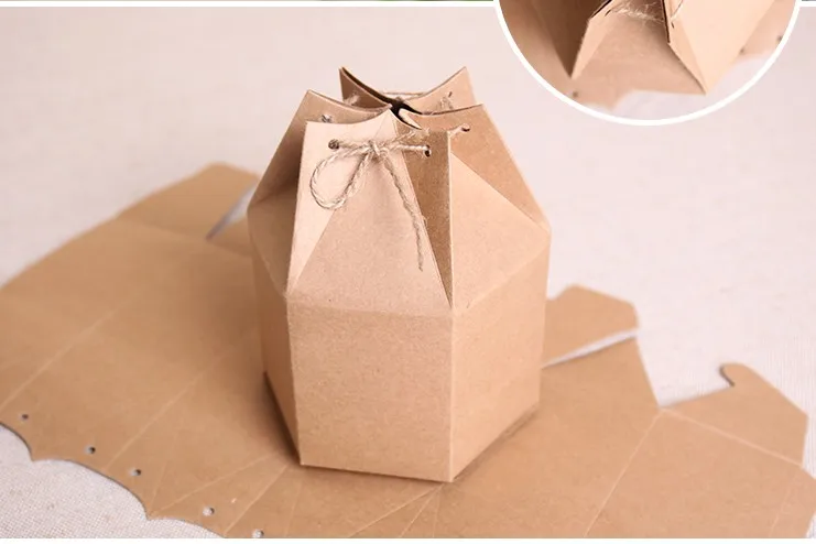 

9x11cm 50pcs Small Kraft paper Hexagonal Packing packaging Carton Lantern Sugar candy packing paper boxes with rope