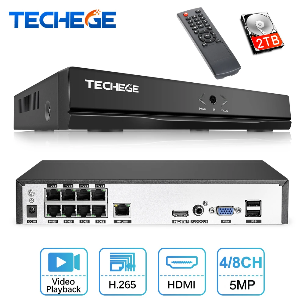Techege 4CH 8CH Full HD 5MP 4MP PoE NVR все-в-одном сетевой видеорегистратор для ip-камеры с питанием по PoE P2P XMeye система видеонаблюдения