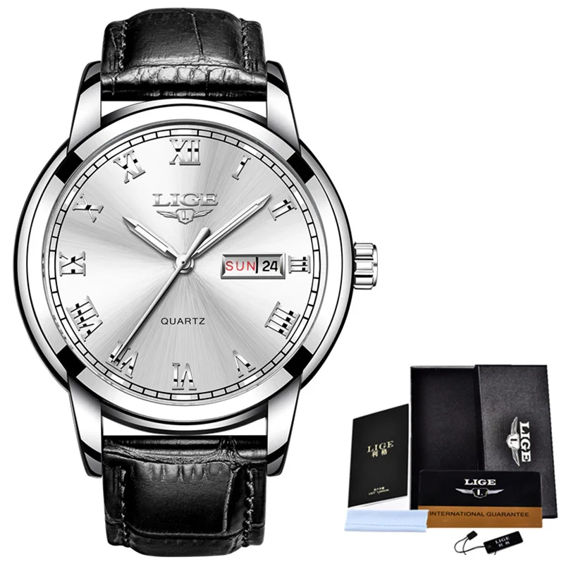 Leather Silver White LIGE часы мужские модные спортивные Кварцевые полностью стальные золотые деловые мужские s часы Лидирующий бренд Роскошные водонепроницаемые часы Relogio Masculino - Цвет: Leather Silver White